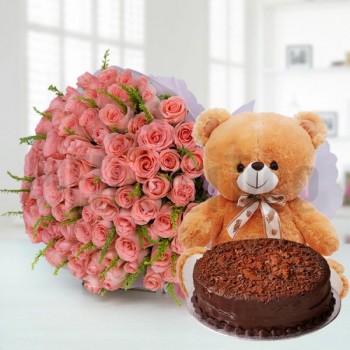 Pink Rose Bunch & Teddy With Cake